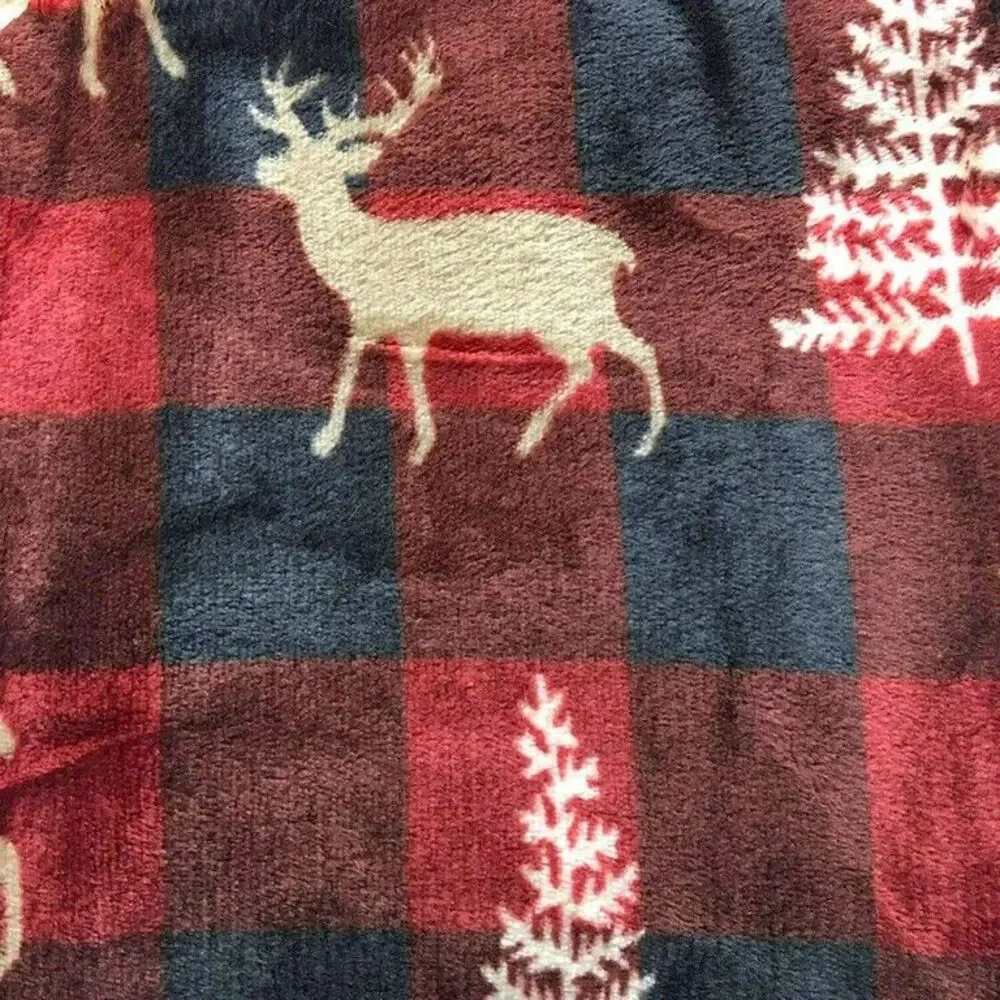 Christmas Fleece Throw Blanket Buffalo Check Deer Pine Trees Black Red 50X60